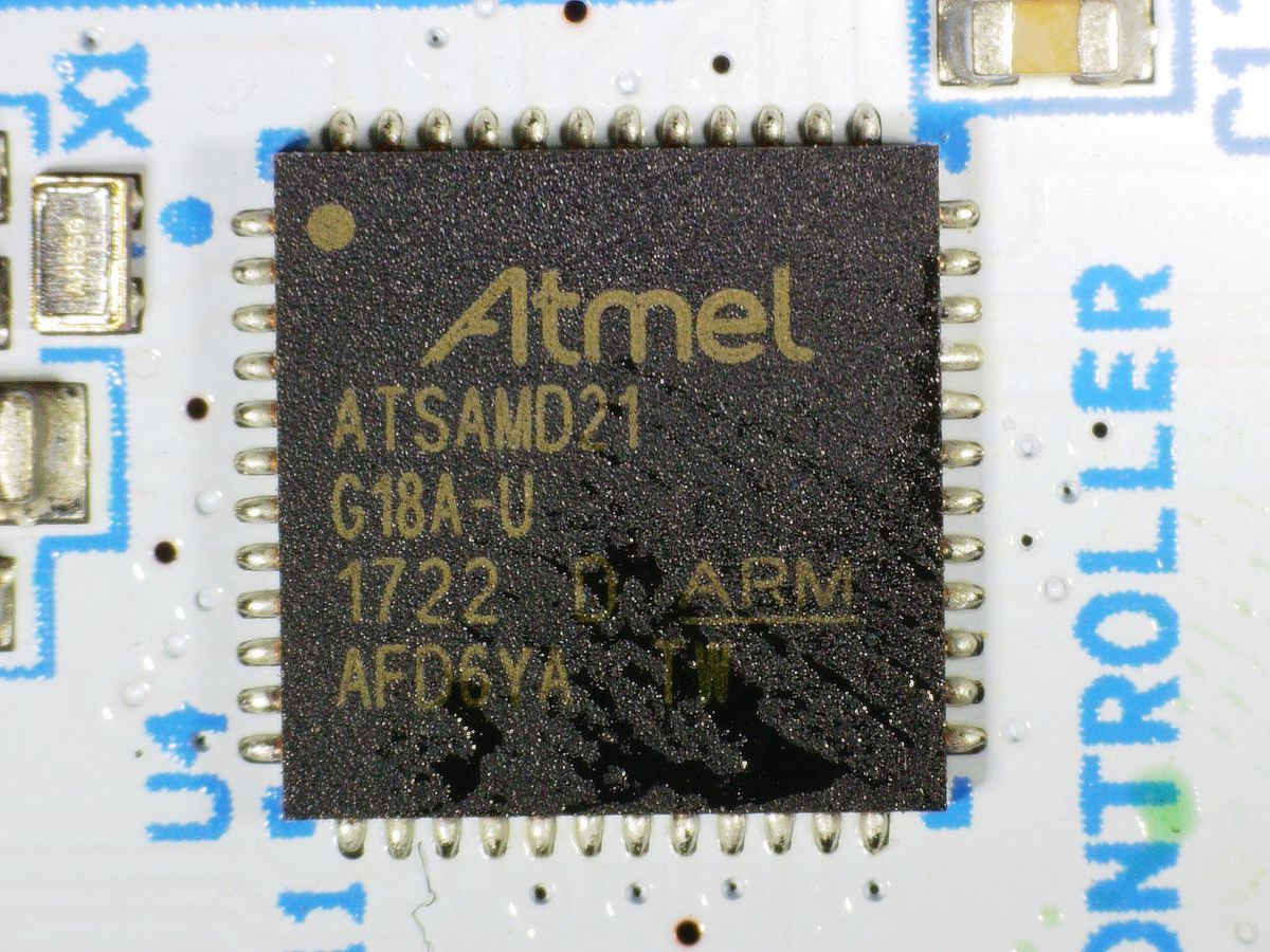 Atmel ATSAMD21G18A on the replacement robot board. The chip inside the Arduino Zero. This is what Massimo Banzi actually endorsed.