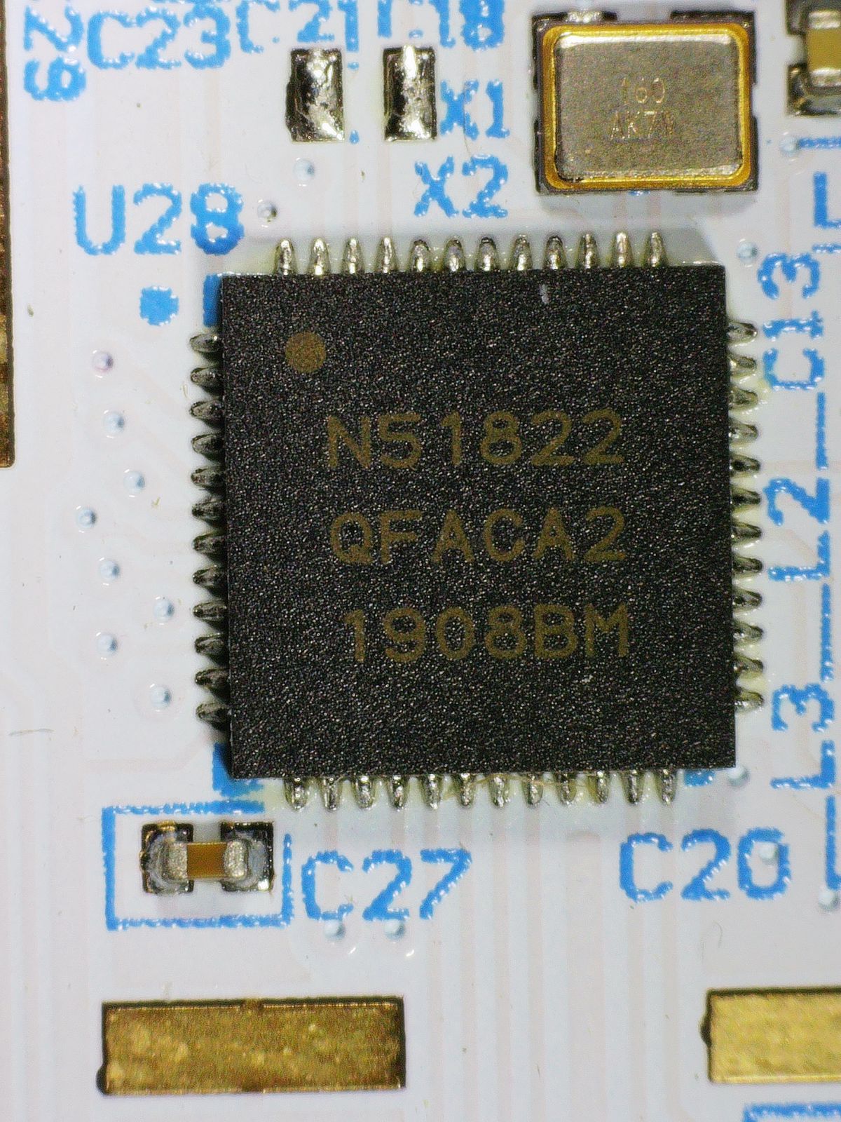 Nordic nRF51822 on the replacement control board. Fully documented ARM Cortex-M0 BLE SoC with an enormous open source community.