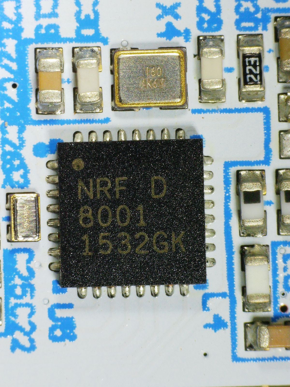 Nordic nRF8001D BLE co-processor on the robot board. Receives BLE packets and forwards them to the SAMD21 over SPI.