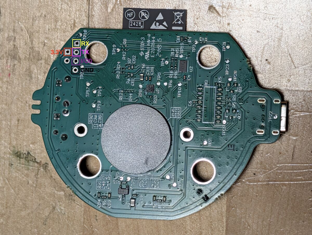 The Plus's programming pads, broken out and unpopulated on the board: RX, TX, 3.3 V, I/O0 (GPIO0) and GND. Hold GPIO0 low at power-up and the ROM bootloader hands you the whole flash.
