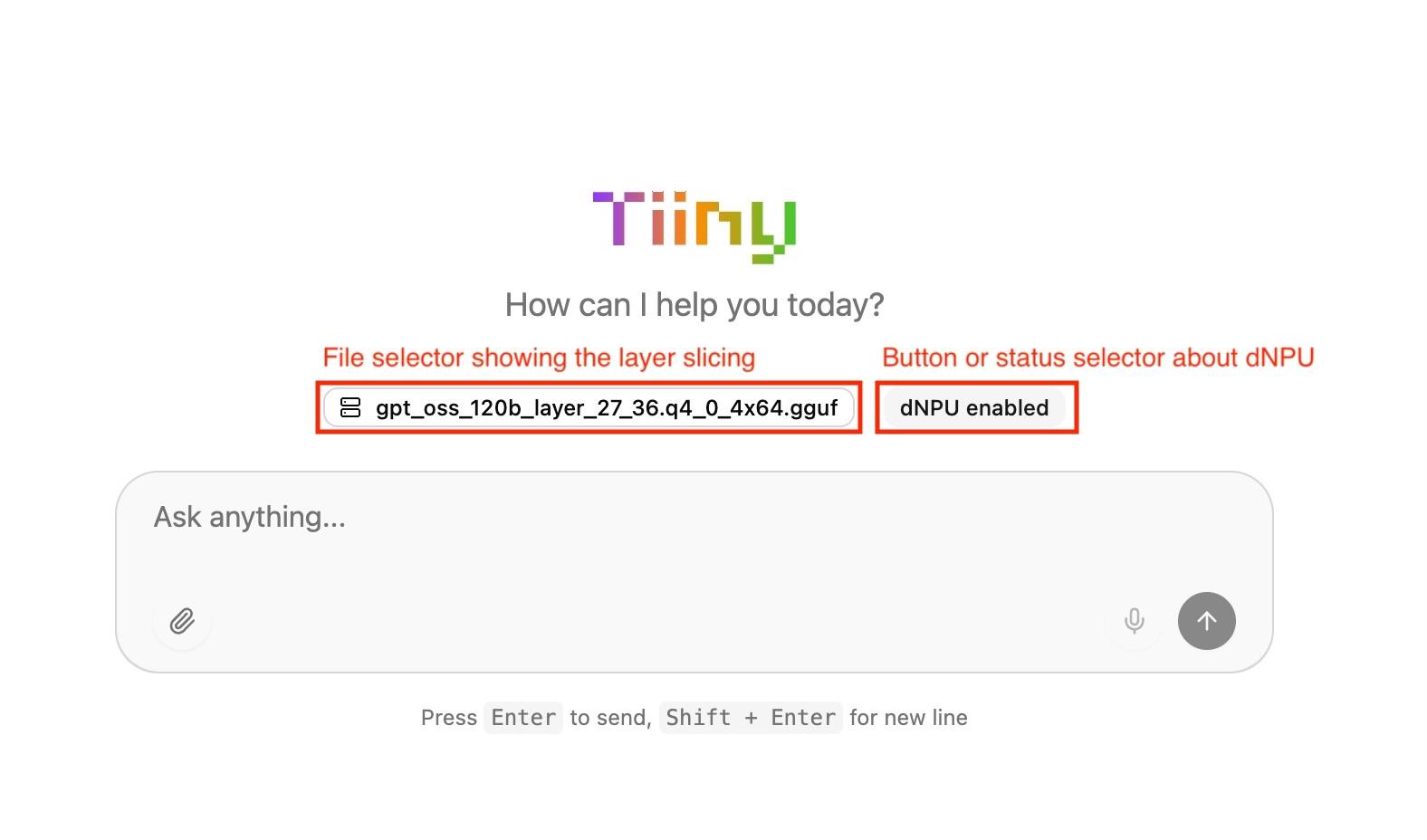 TiinyOS desktop app showing gpt_oss_120b_layer_27_36.q4_0_4x64.gguf filename and dNPU enabled indicator