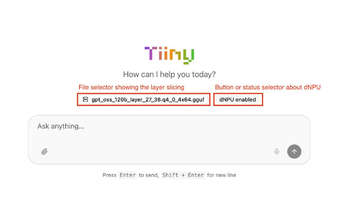 TiinyOS desktop app showing gpt_oss_120b_layer_27_36.q4_0_4x64.gguf filename and dNPU enabled indicator