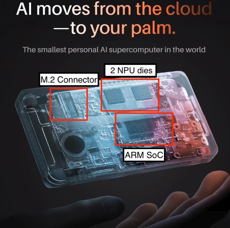 TiinyAI X-ray render showing M.2 connector, dual-die NPU, and ARM SoC